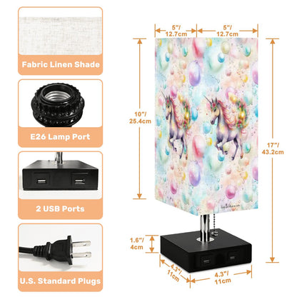 Unicorns & Bubbles, Square Table Lamp with USB Ports, Charger