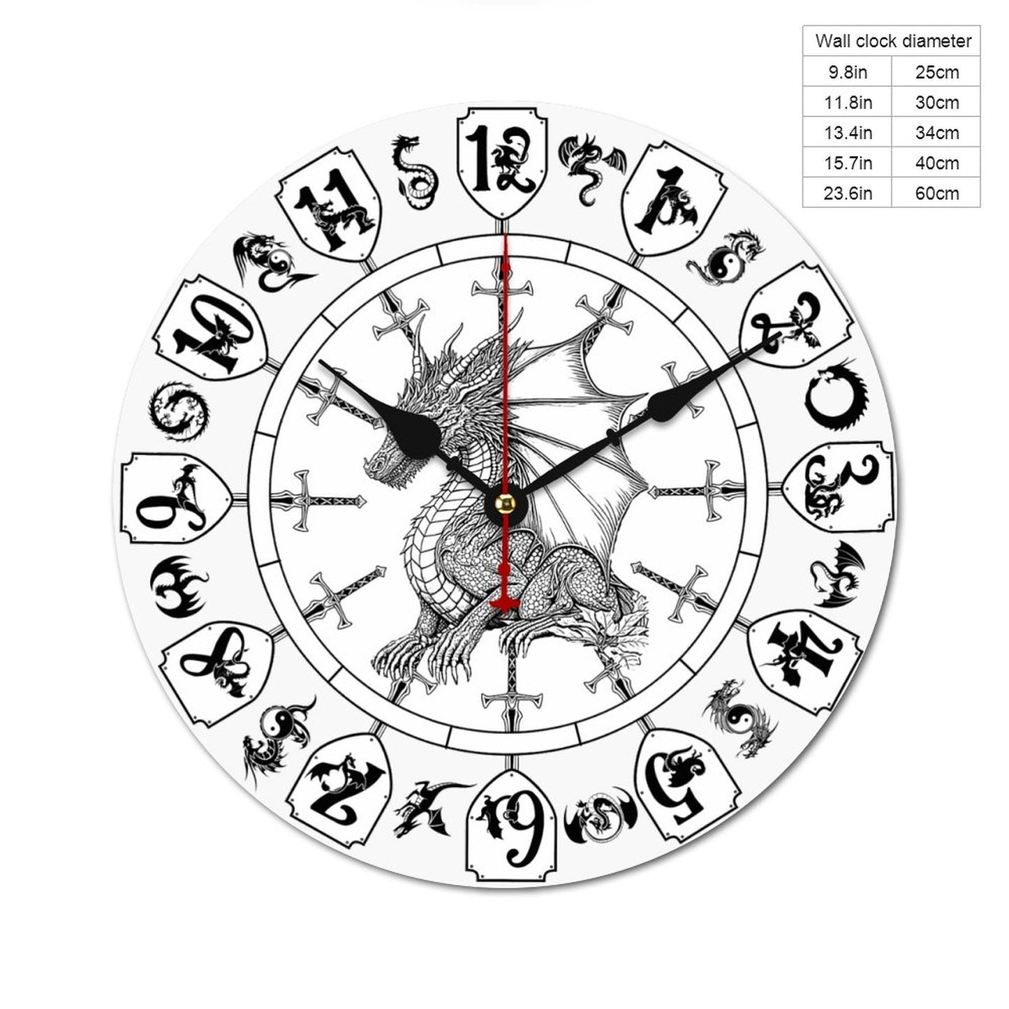 Dragon Themed, B & W Wooden Wall Clock