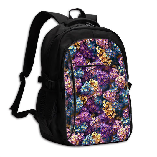 10 Flower Designs, Large Capacity, Oxford Travel, Laptop Bag with USB Charger