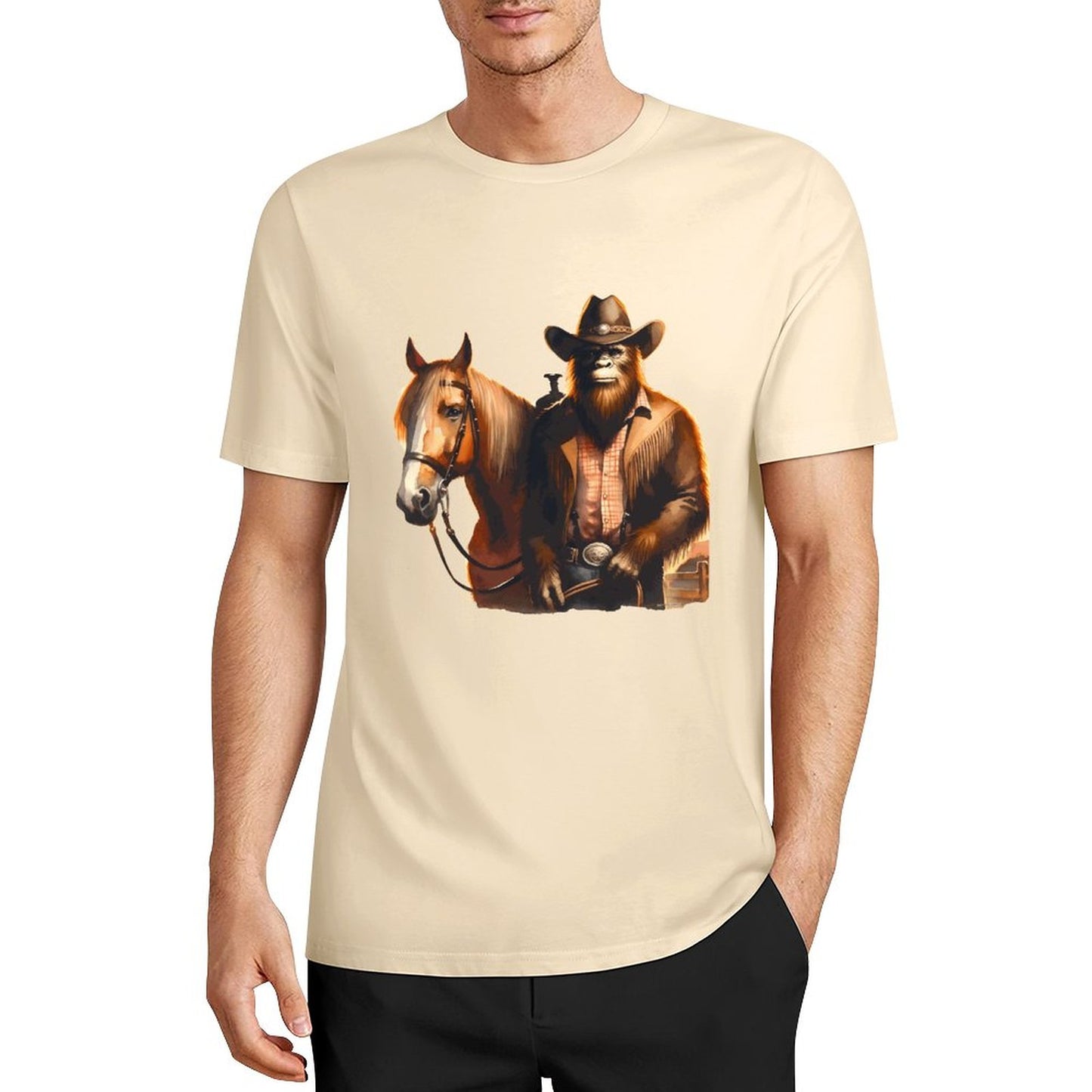 Bigfoot - Sasquatch Cowboy w Horse Short Sleeve Cotton T-Shirt