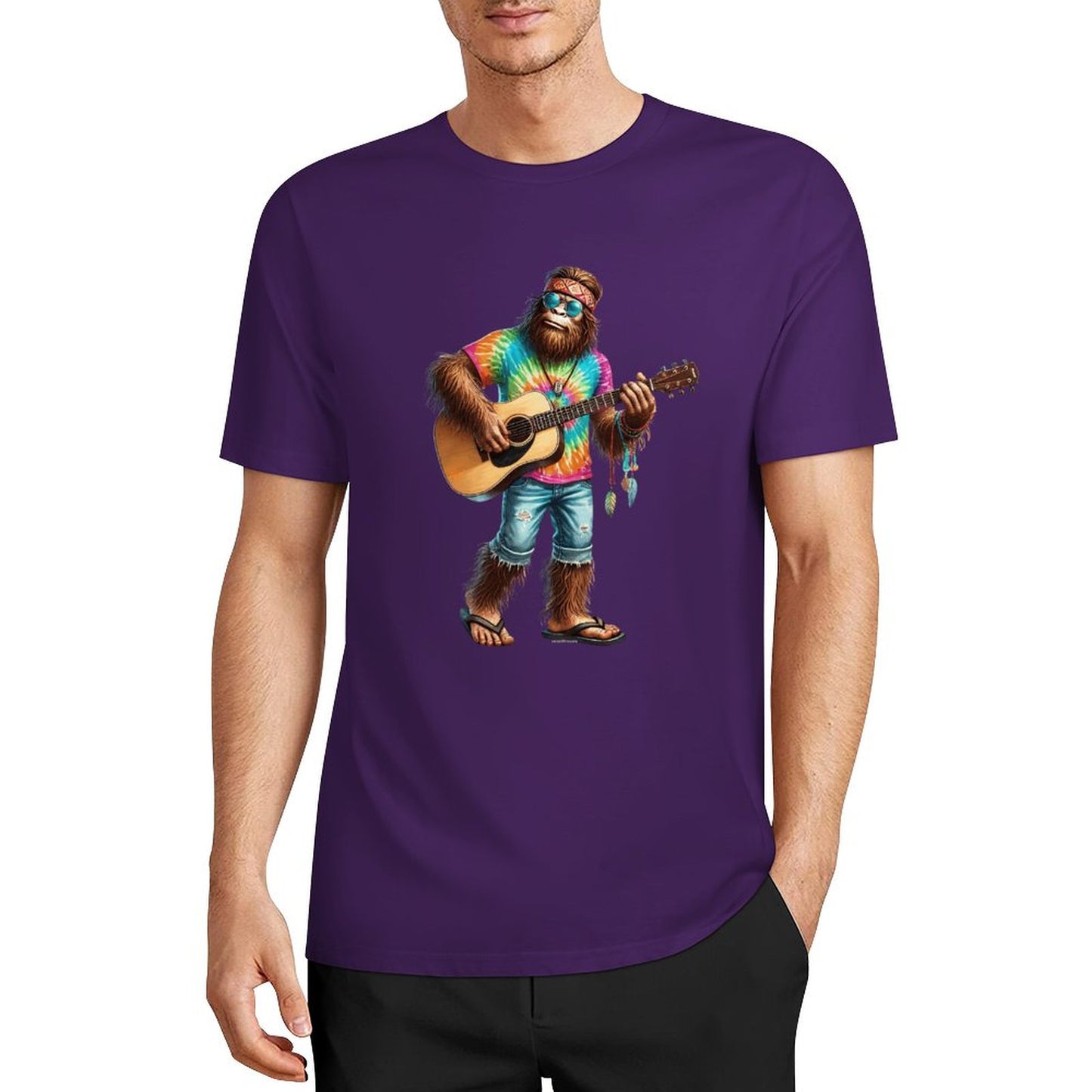 Bigfoot - Sasquatch Hippie Play Guitar Short Sleeve Cotton T-Shirt