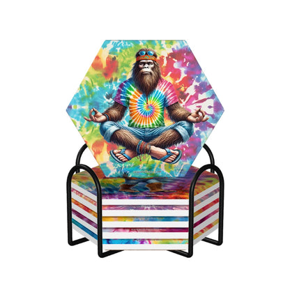 Hippie Bigfoot / Sasquatch, 6 Ceramic Coasters w metal stand