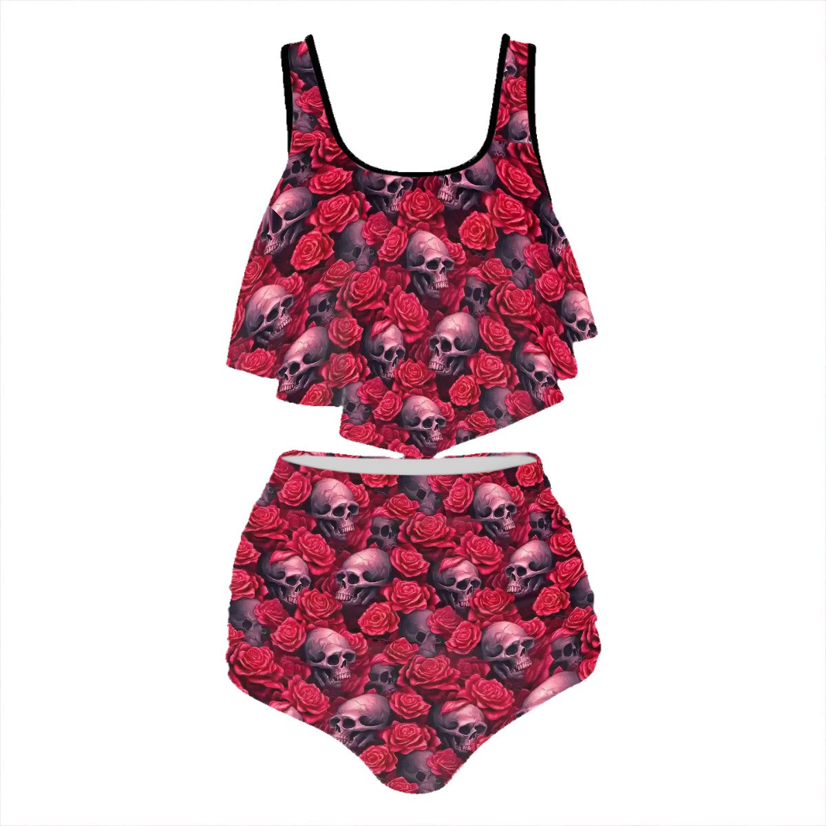 Skulls and Roses, Plus Size Women Bikini Flowy, Ruffle Top Swimsuit