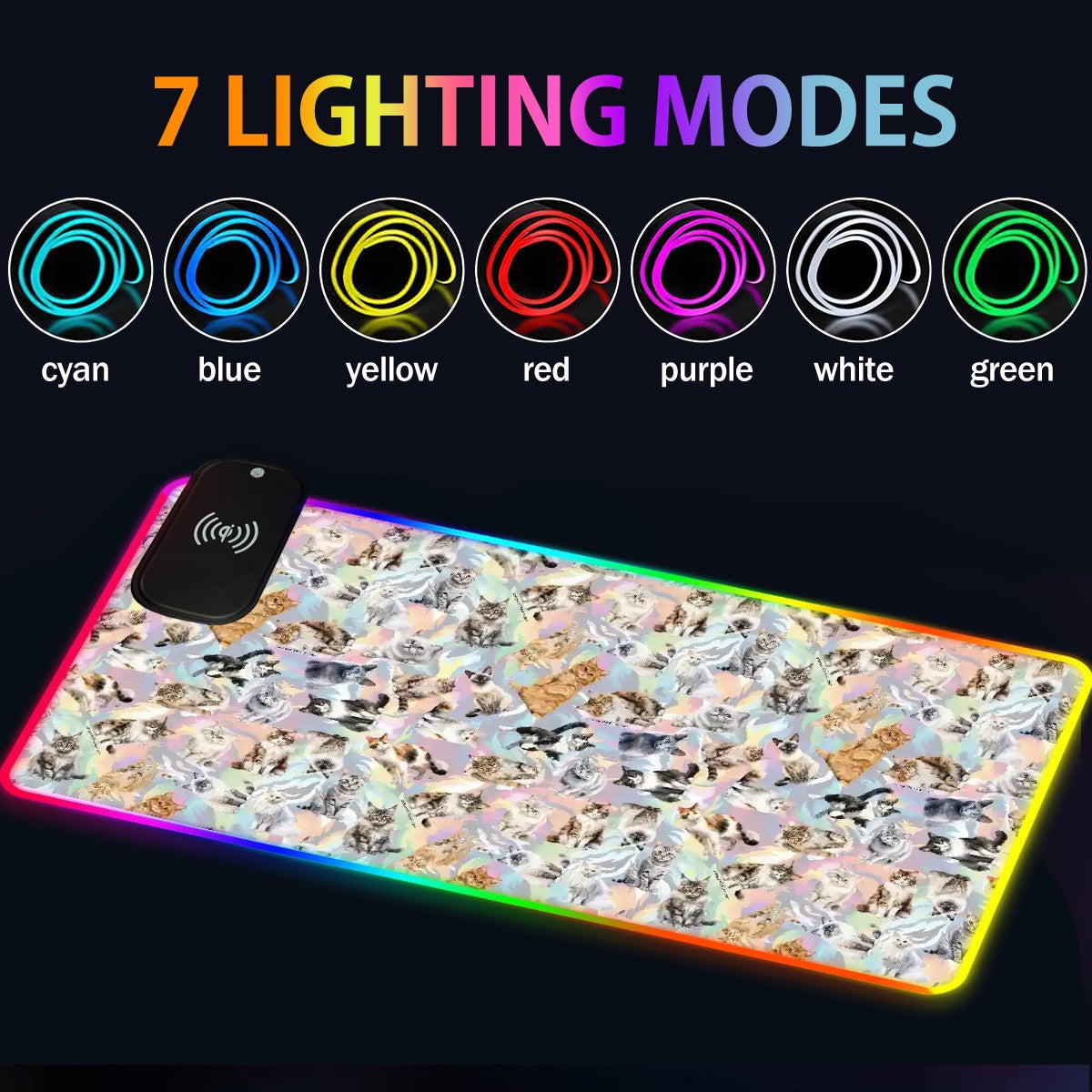 10 Animal Designs, Wireless Charging Gaming Mouse Pads / Mat With Lights - 2 Sizes