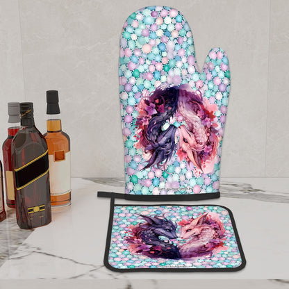 Set of 2 Oven Mitt and Pot Holder - Dragon Love