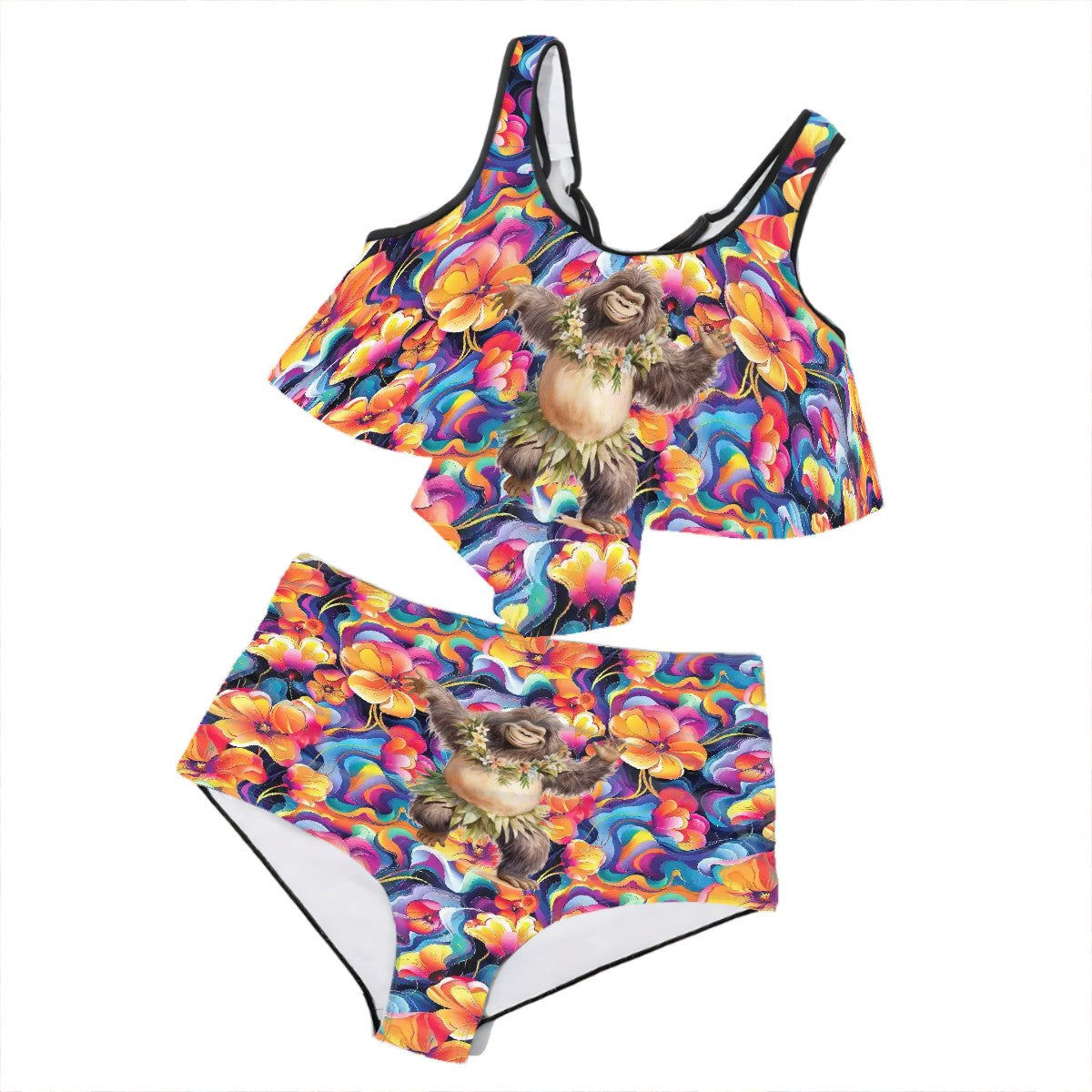 Hawian Bigfoot / Sasquatch, Plus Size Women Bikini Flowy, Ruffle Top Swimsuit