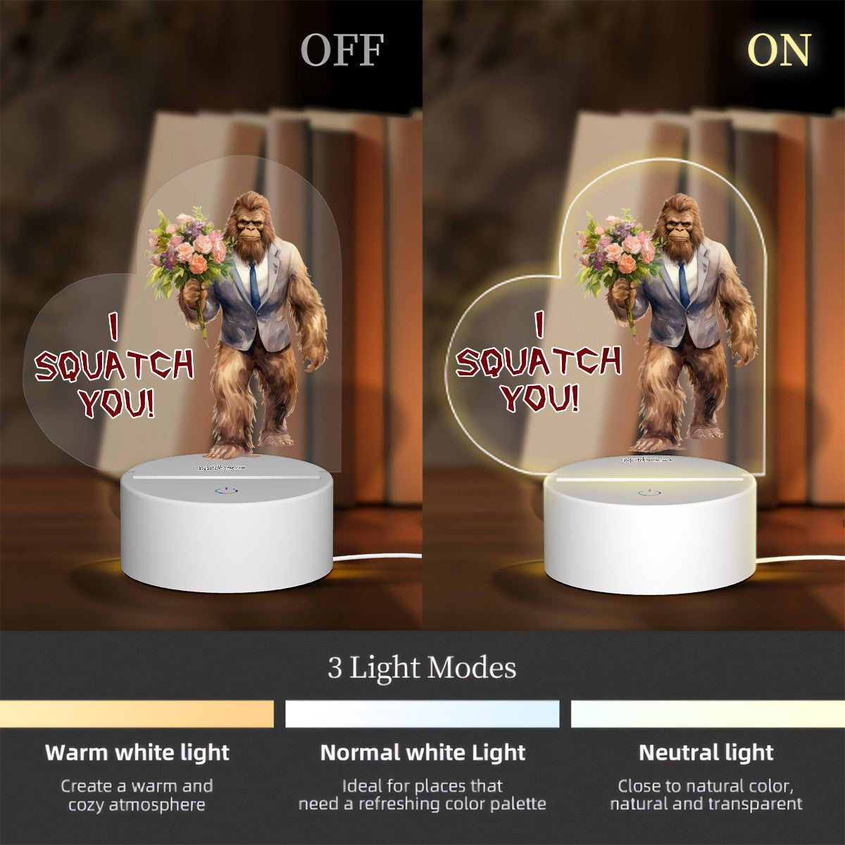 I Squatch You Bigfoot Sasquatch Heart Shaped Acrylic Night Light, gift, decor