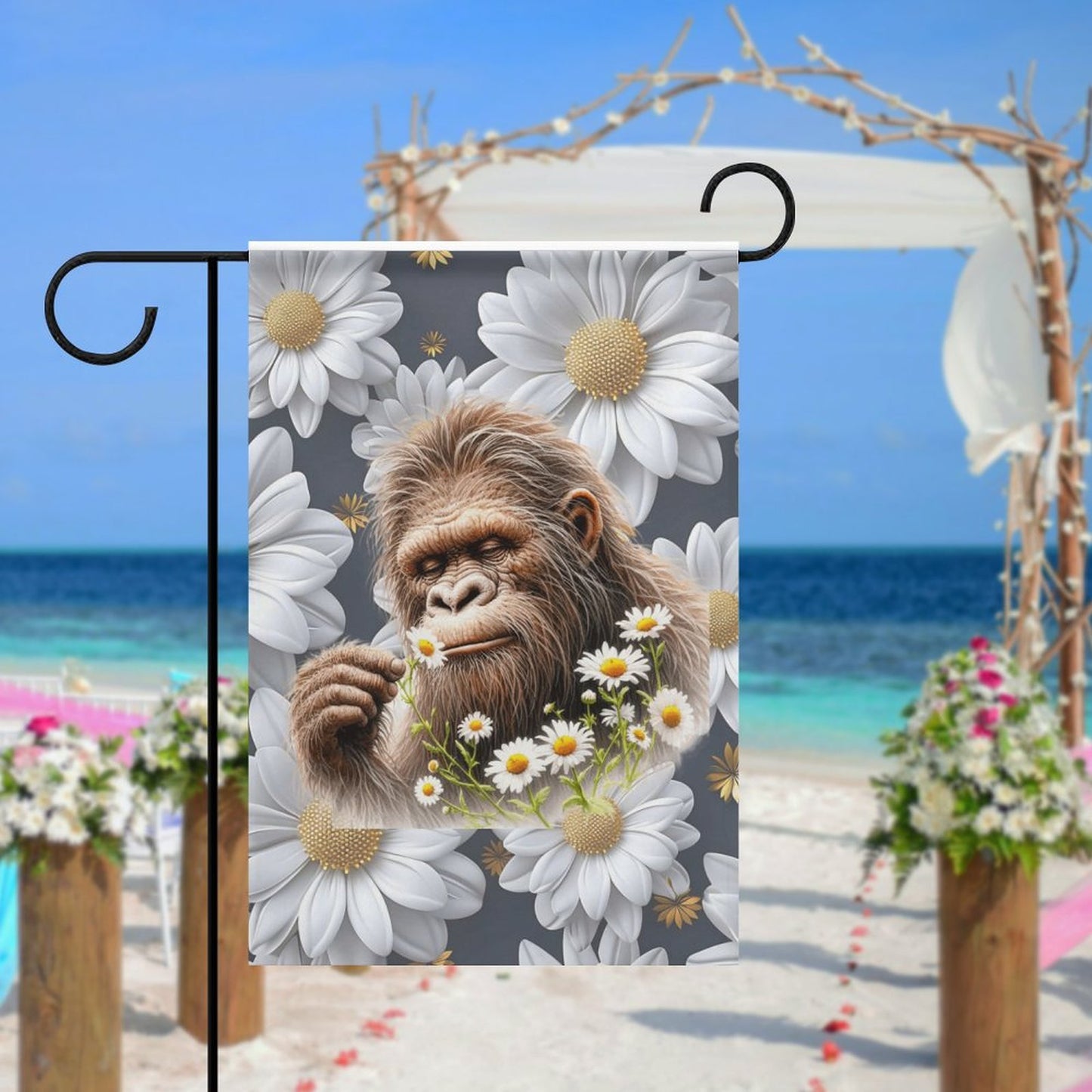 Sasquatch "Smell the Flowers" Flag in garden (1 Pic on 2 Sides)-12"x18"