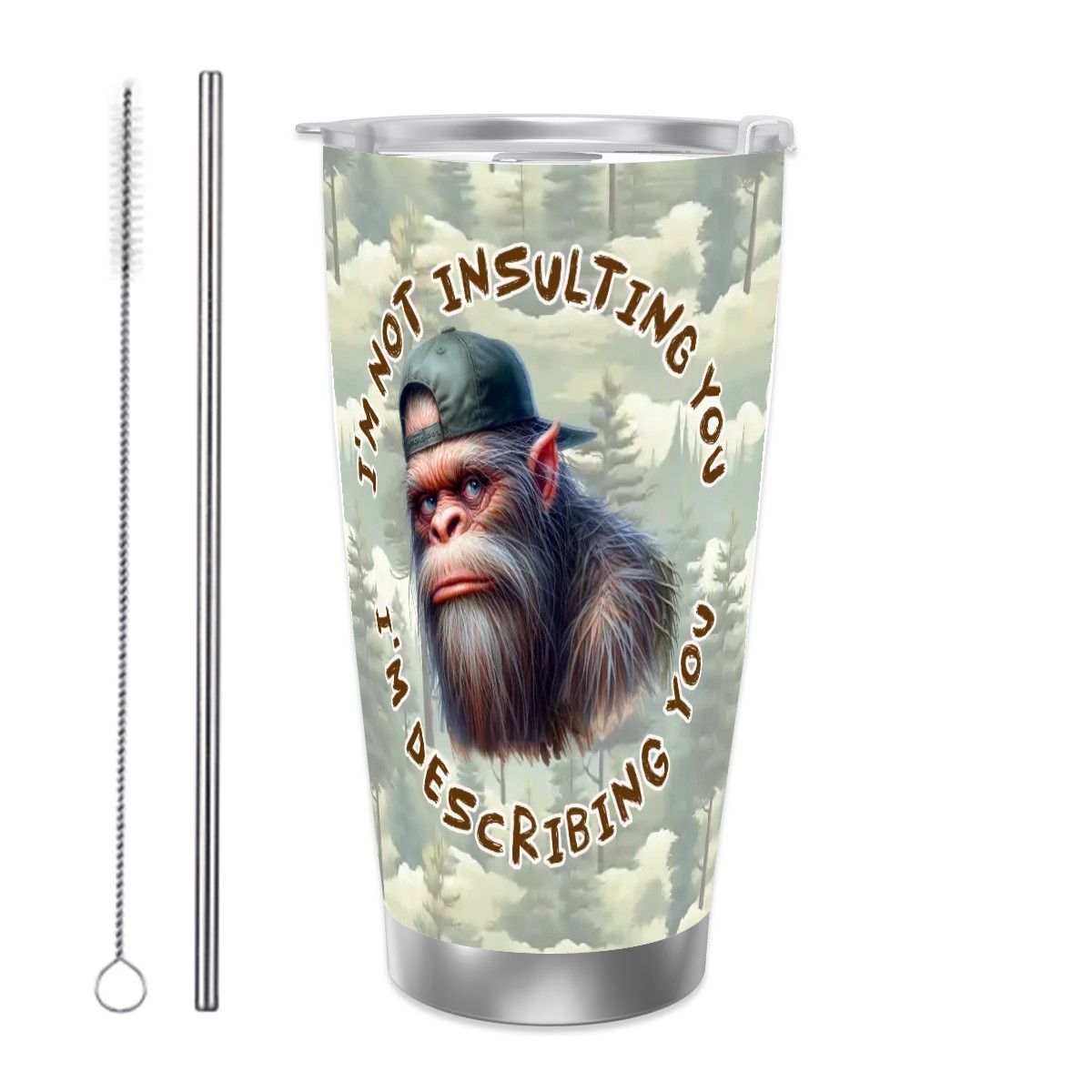 Sasquatch "Describing You", Themed 40 oz Travel Coffee Mug with a Straw