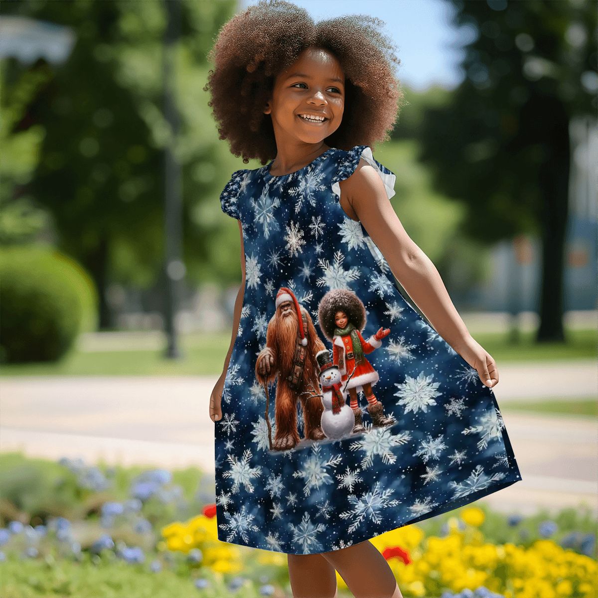 Sasquatch Santa & Girl, Girl's Flutter Sleeve Nightgown