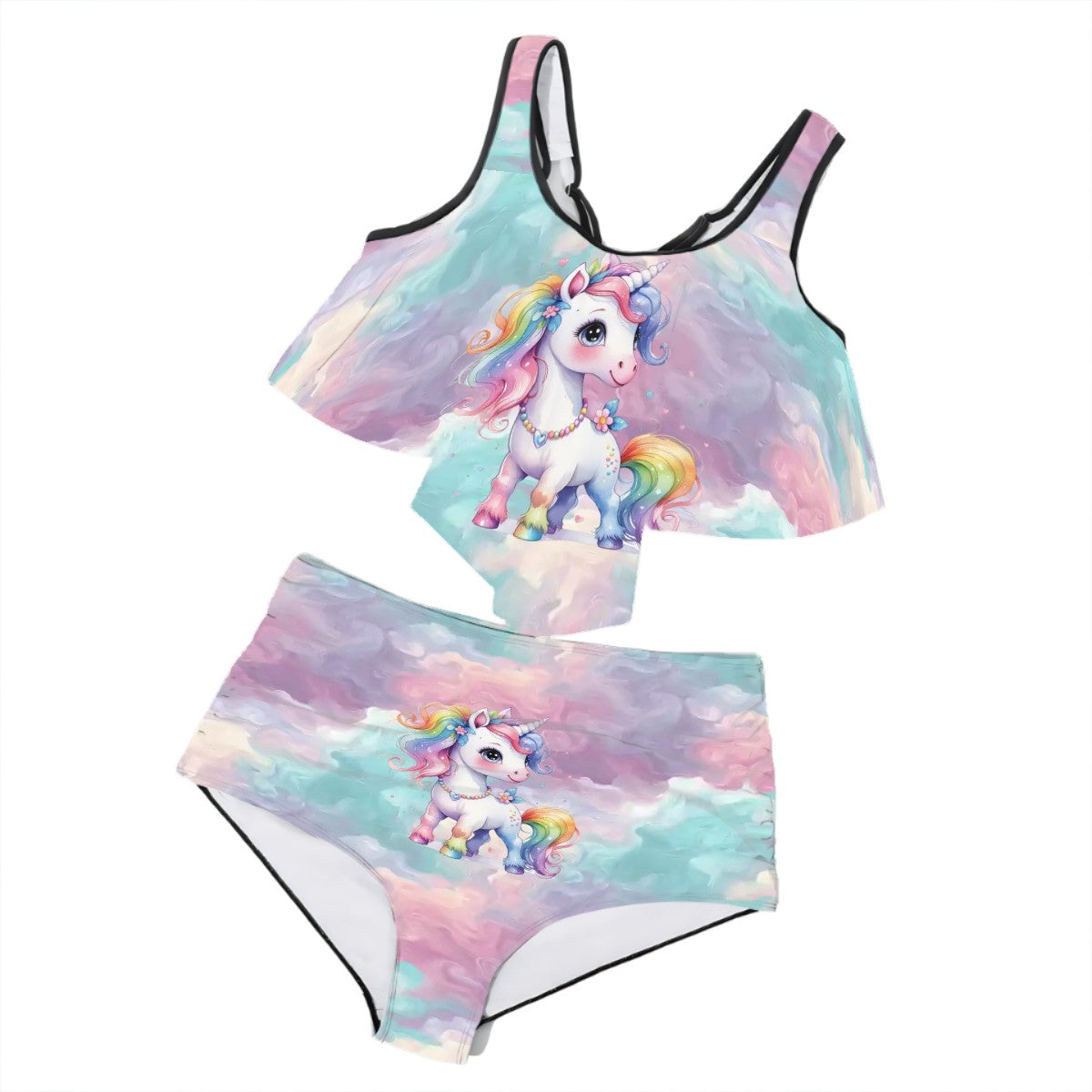 Unicorn, Plus Size Women Bikini Flowy, Ruffle Top Swimsuit