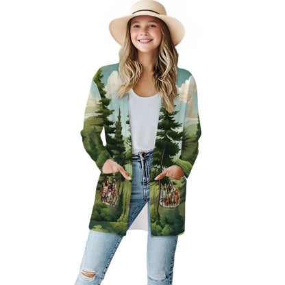 Bigfoot Sasquatch Families in Woods, Women's Long-Sleeved Cardigan