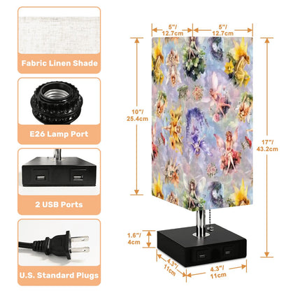 6 Fairy Designs, Square Table Lamp with USB Ports, Charger