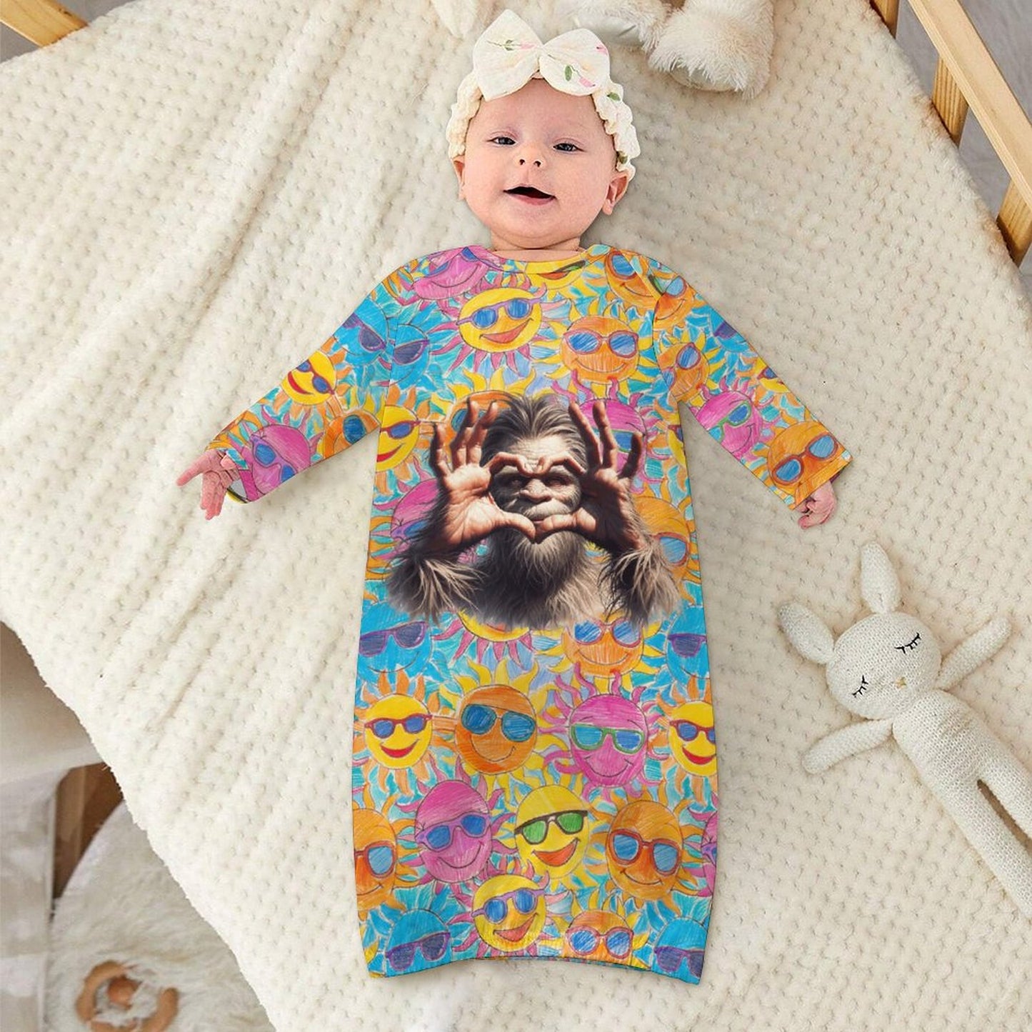 Bigfoot / Sasquatch Heart on Suns, Baby Long Sleeve Faux Cotton Sleeper Gown