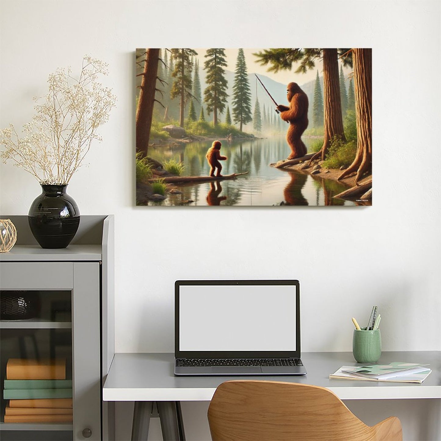 Bigfoot Sasquatch Family Image - Vintage Framed Canvas Art - 2 Sizes – Made in the USA