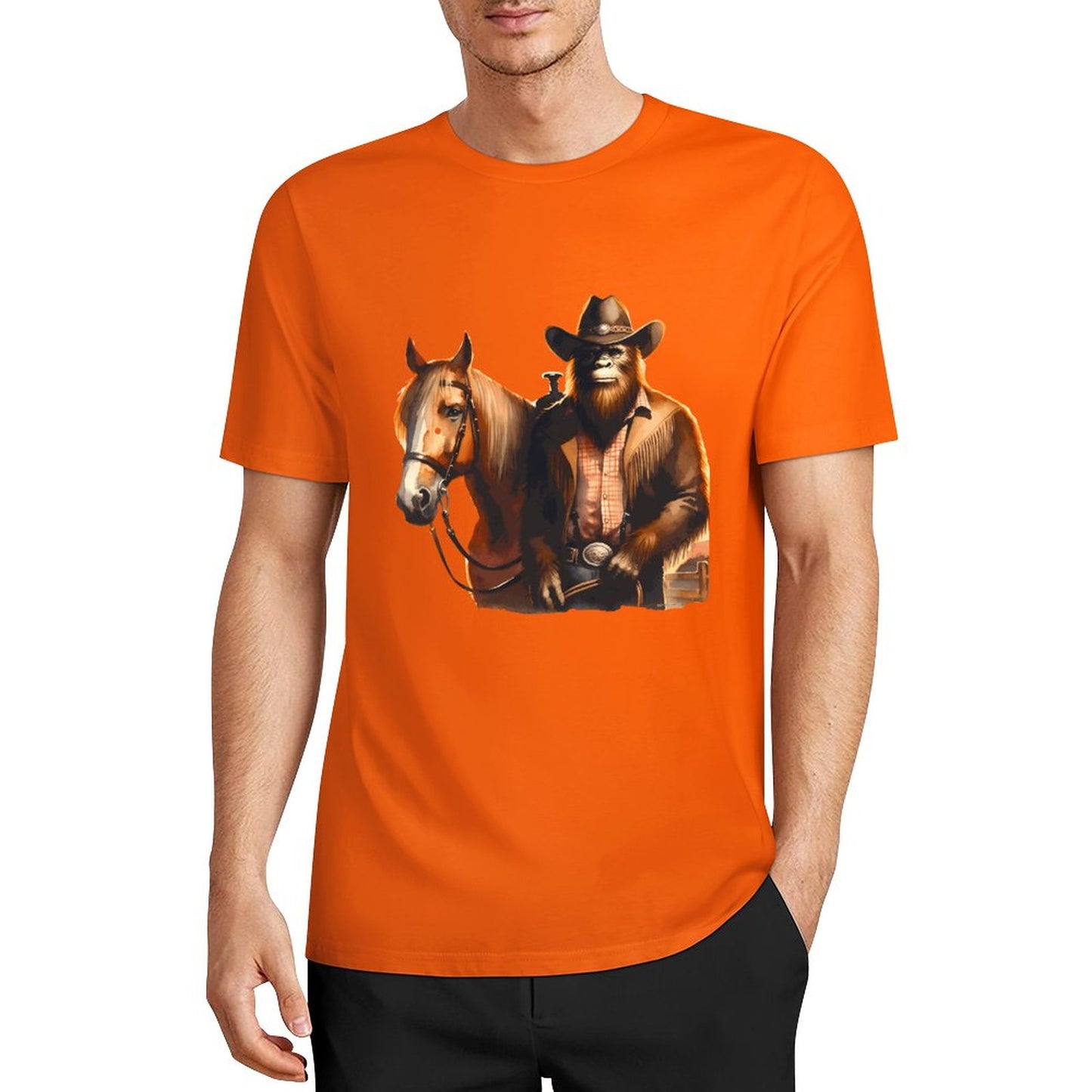 Bigfoot - Sasquatch Cowboy w Horse Short Sleeve Cotton T-Shirt