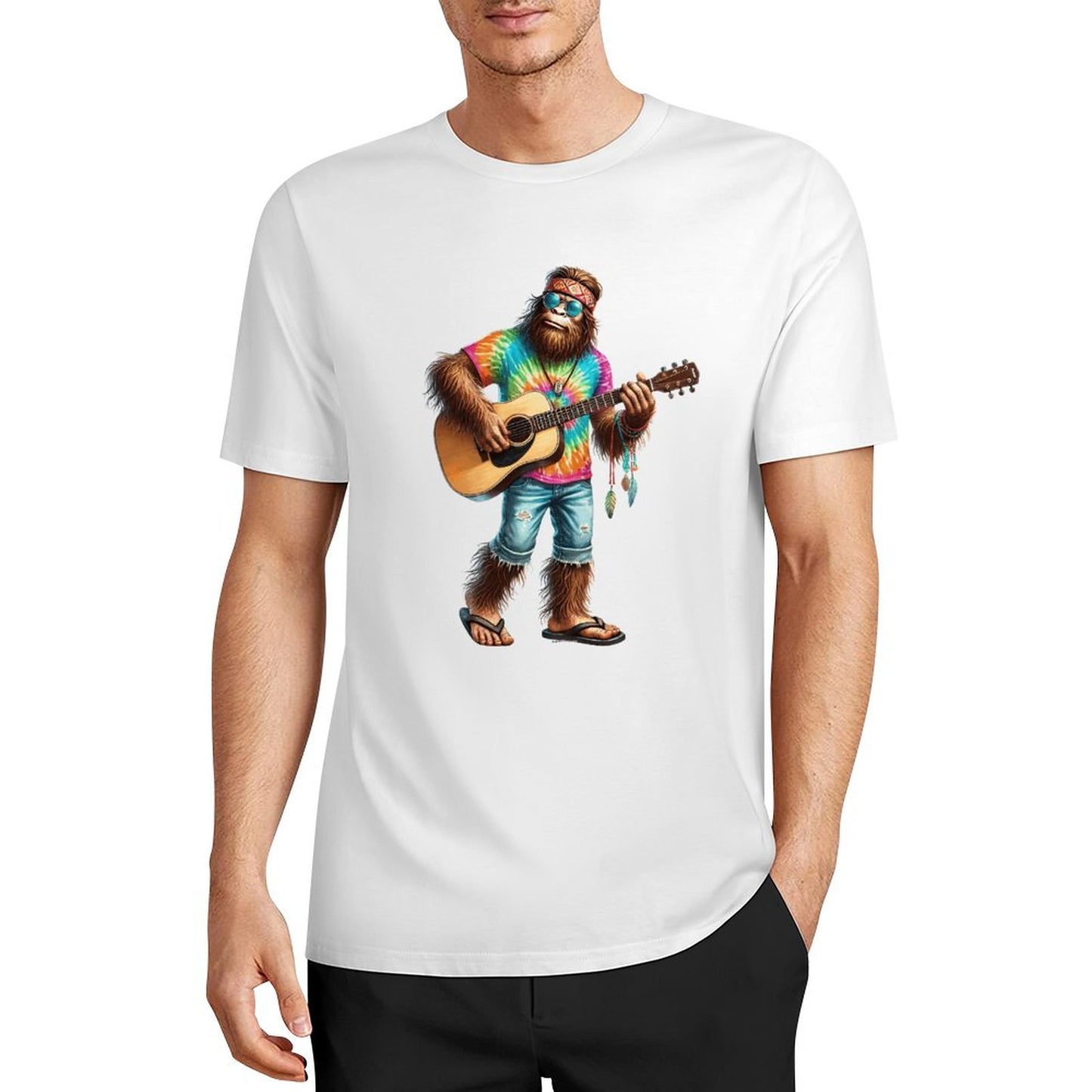 Bigfoot - Sasquatch Hippie Play Guitar Short Sleeve Cotton T-Shirt