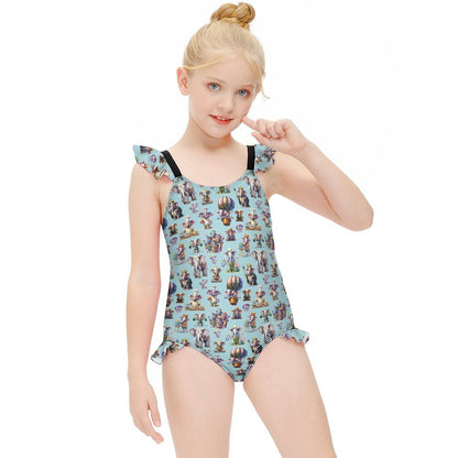20 Misc Designs, Girls One-Piece Summer Swimsuit, Ruffle Shoulder