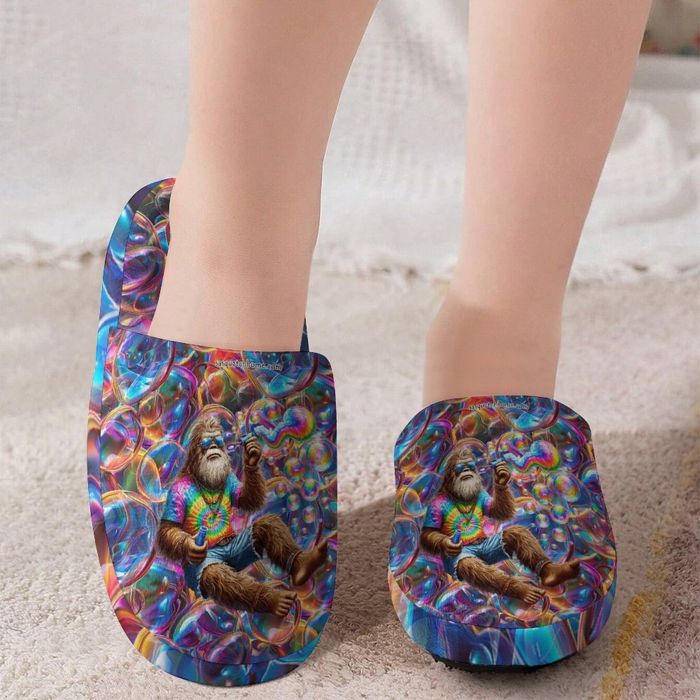 Sasquatch Bigfoot Blowing Bubbles, Flannel Children's Cotton Slippers