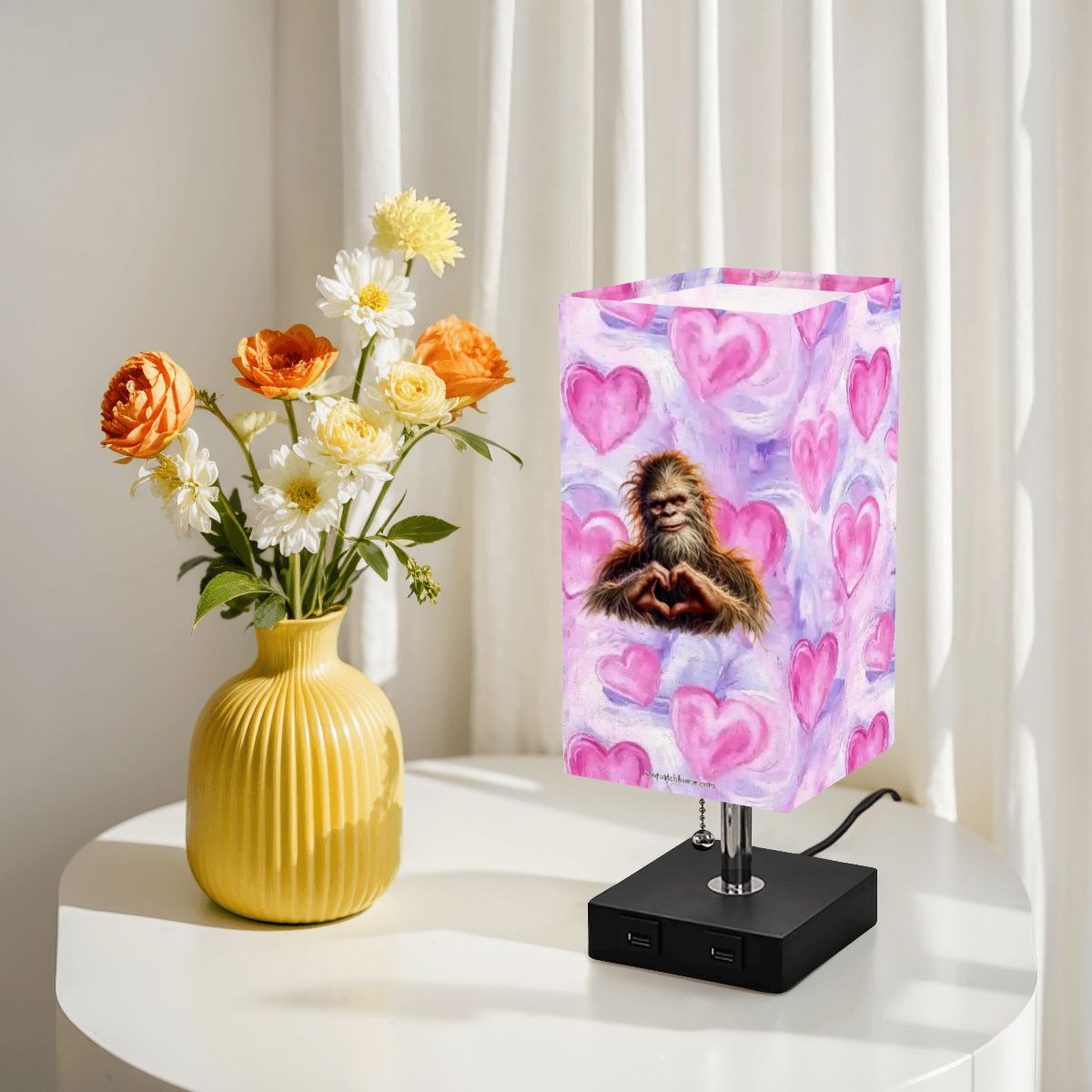Bigfoot / Sasquatch Love, Square Table Lamp with USB Ports, Charger