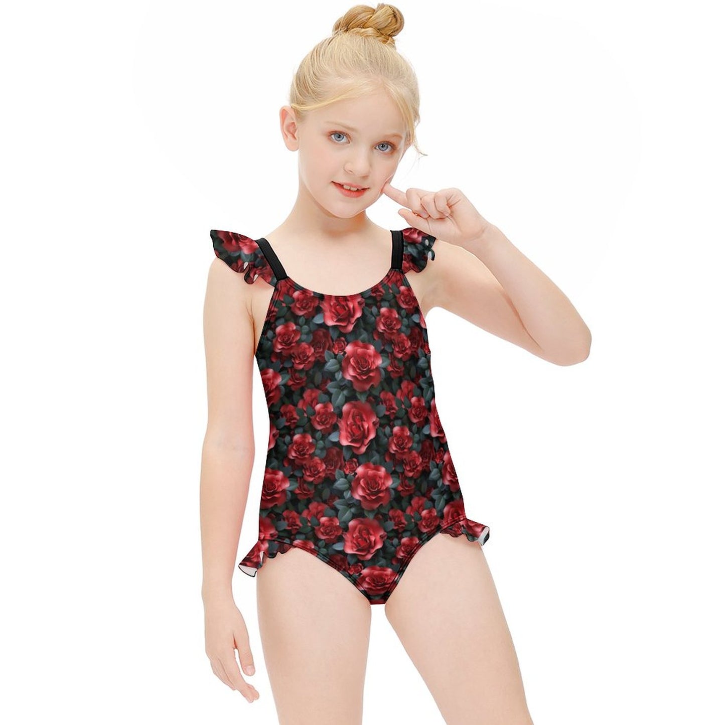 10 Beautiful Flower Designs, Girls One-Piece Summer Swimsuit, Ruffle Shoulder