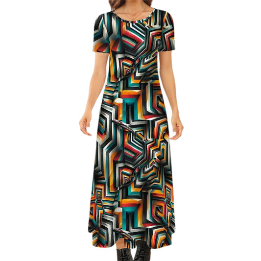 Psychedelic Design, Crew Neck Short Sleeve Maxi Dress