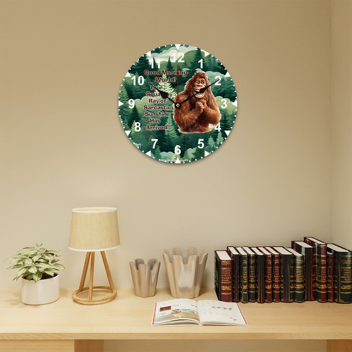 Bigfoot Sasquatch "Good morning..", Wooden Wall Clock