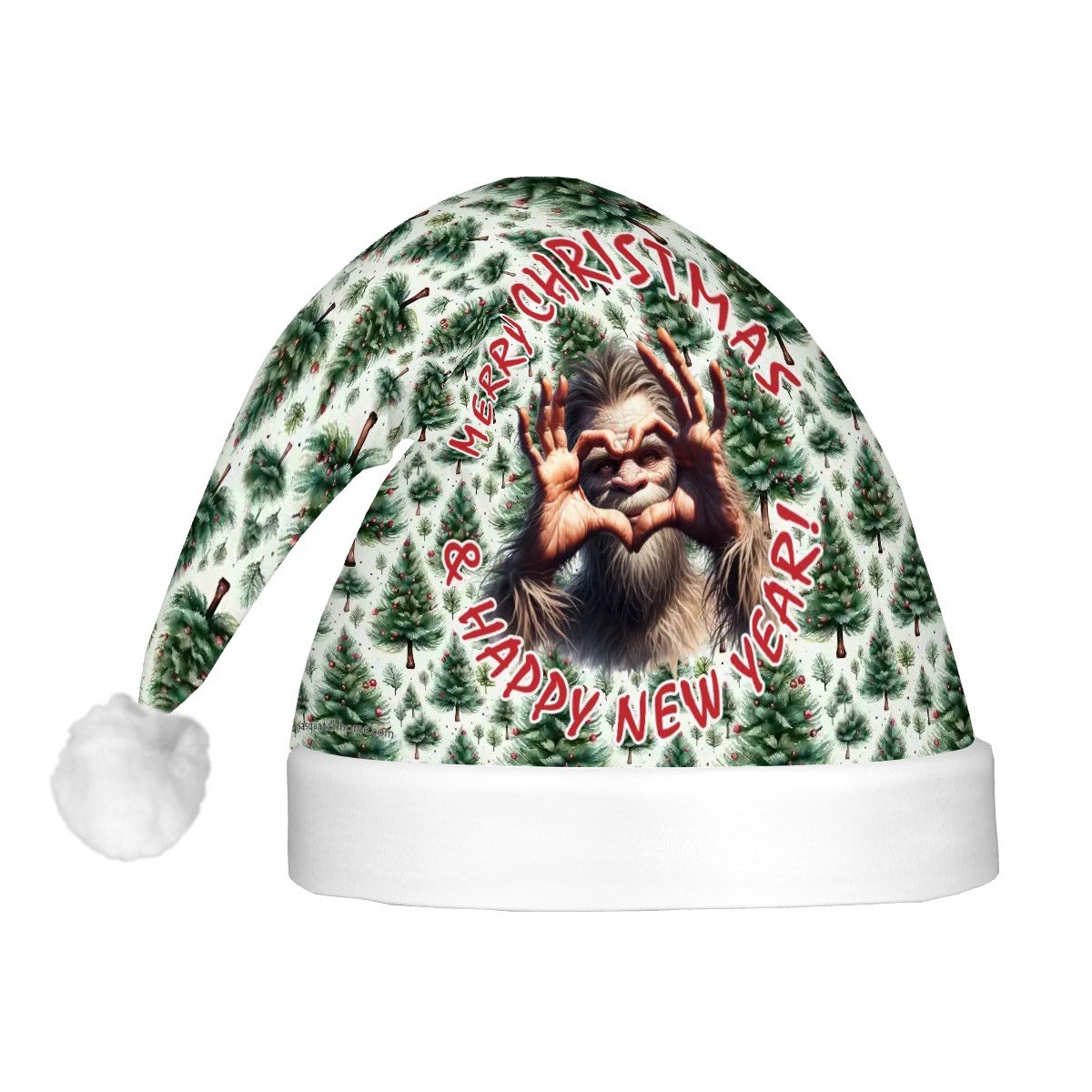 Bigfoot Sasquatch Heart Hands "Merry Christmas..", Adult Plush Santa Hat with Light