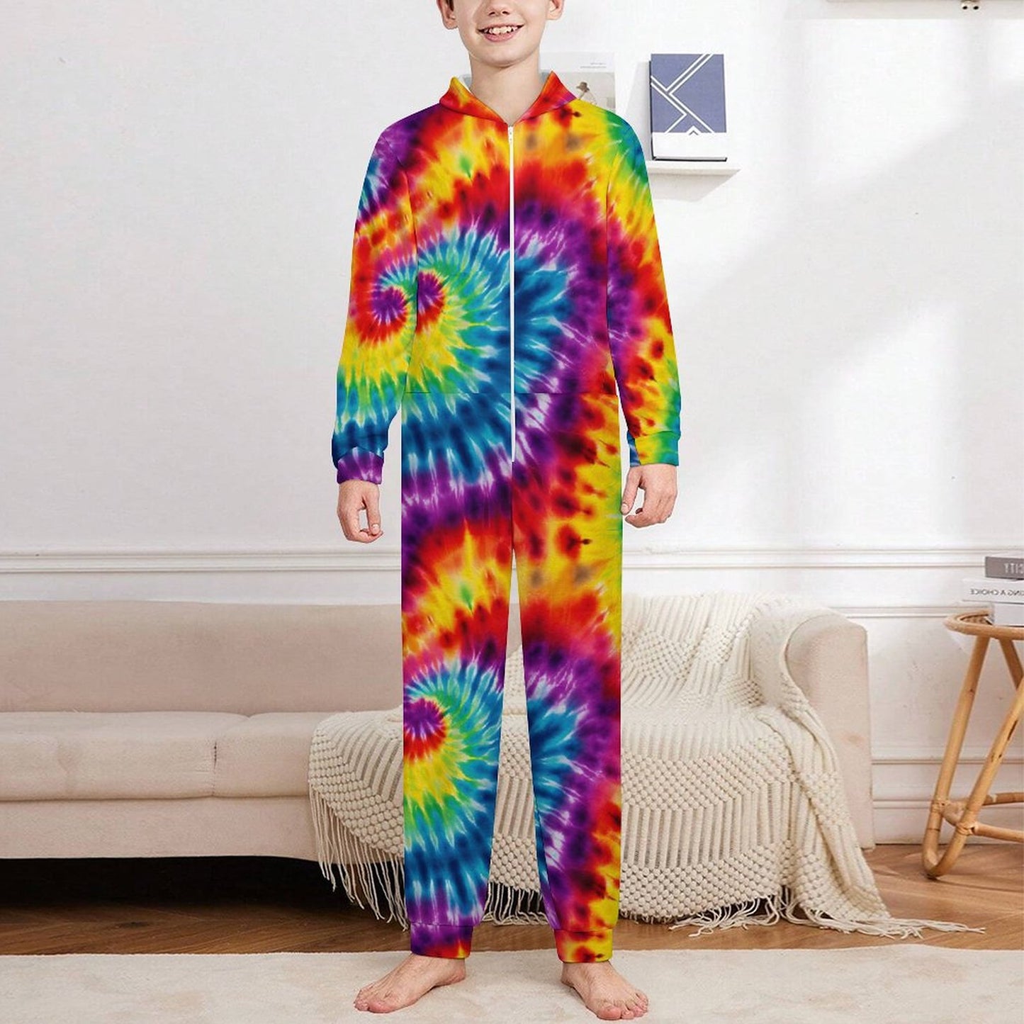10 Tie Dye Designs, Youth Flannel Footless Zip up Pajama Jumpsuit