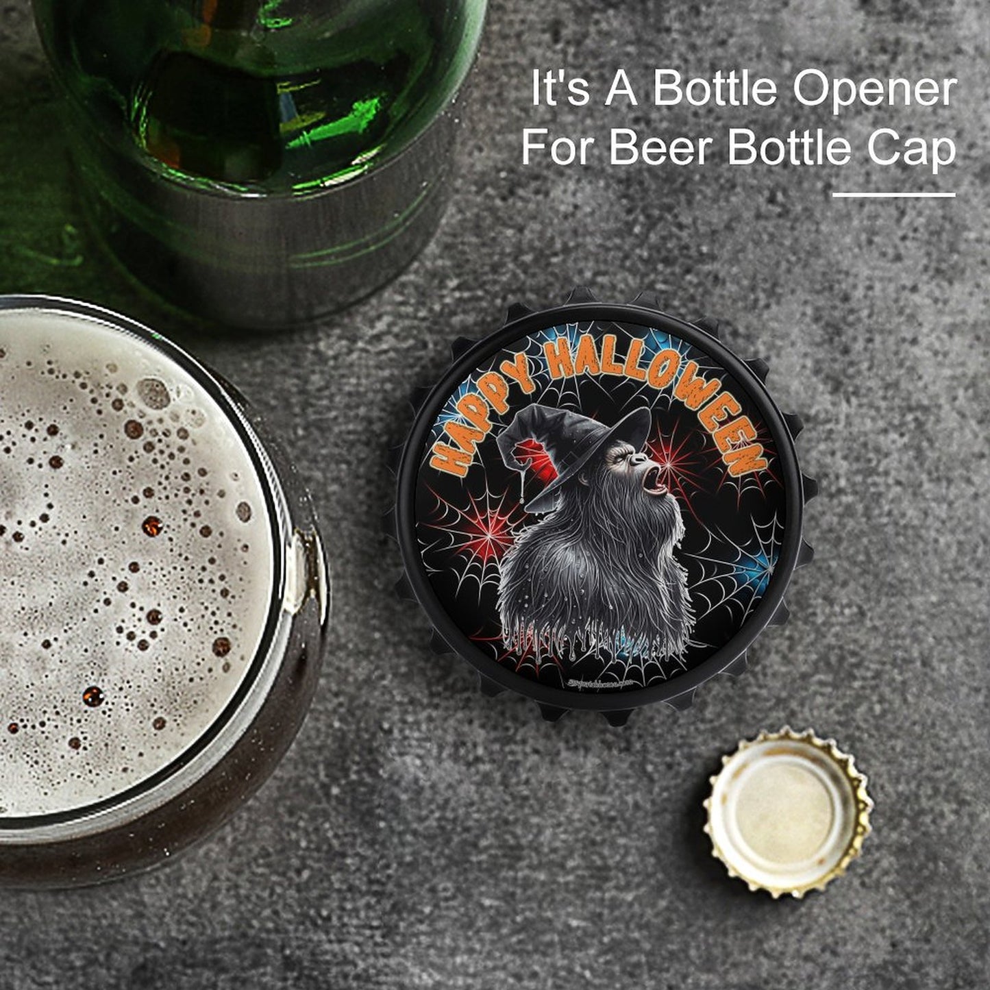 Bigfoot / Sasquatch "Happy Halloween", 3” Magnetic Can Opener / Coaster / Fridge Decor