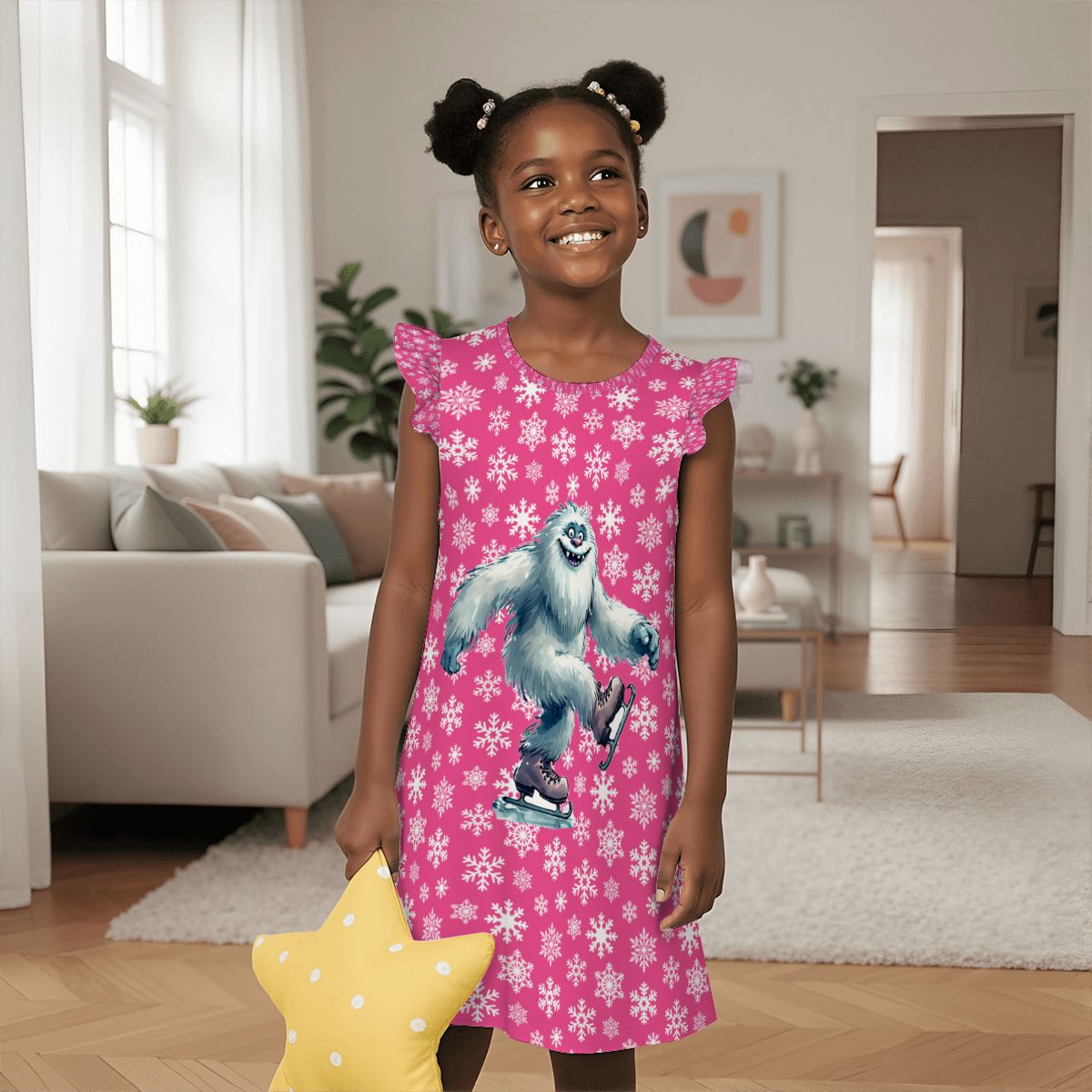 Yeti on Pink Snowflakes, Girl's Flutter Sleeve Nightgown