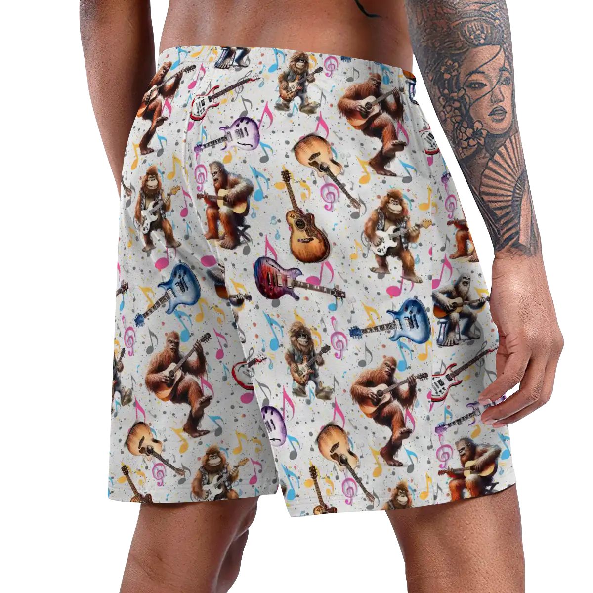 Bigfoot Sasquatch playing Guitar, Men’s Polyester, pocketed, pajama Shorts