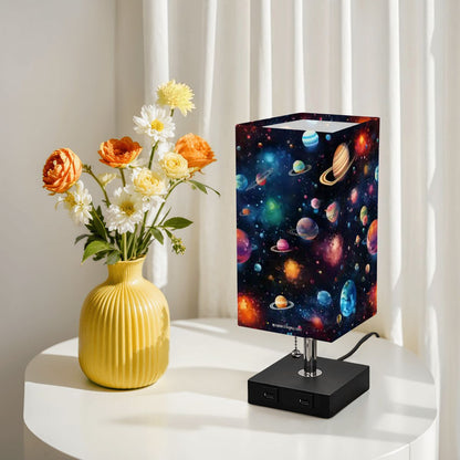 12 Galaxy / Outer Space, Square Table Lamp with USB Ports, Charger