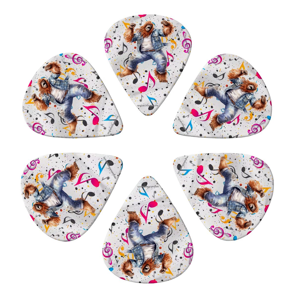 6 Guitar Picks with Keychain Snap Case- Dancing Sasquatch Bigfoot – 3 Thicknesses