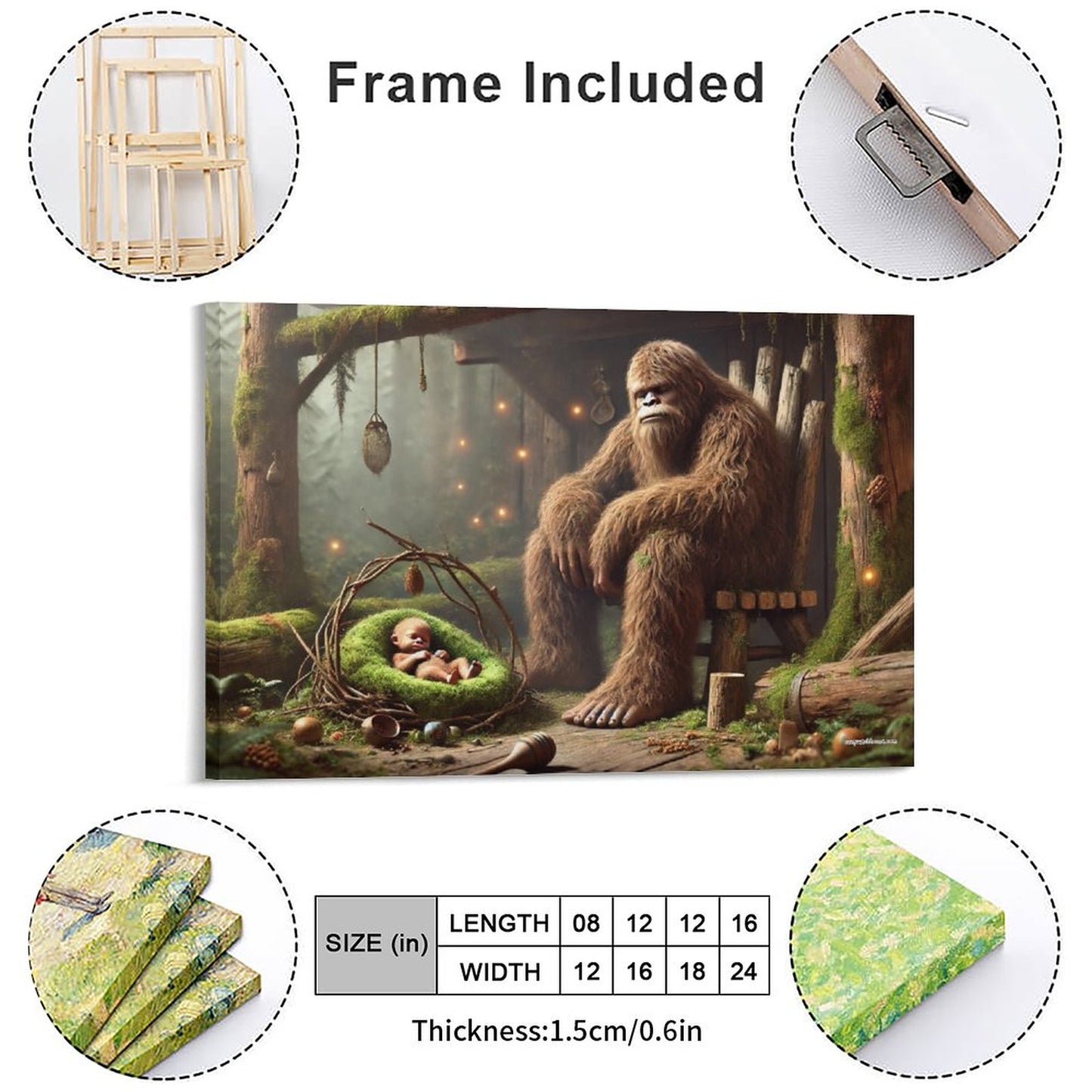 Bigfoot Sasquatch Family Image - Vintage Framed Canvas Art - 2 Sizes – Made in the USA
