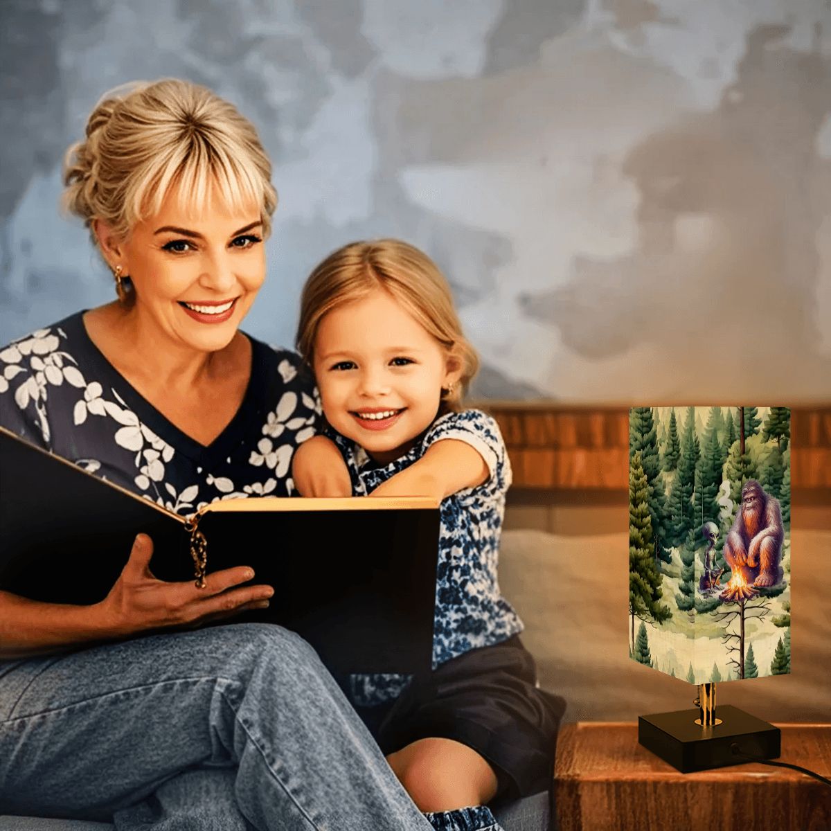 Bigfoot / Sasquatch & Alien, Square Table Lamp with USB Ports, Charger