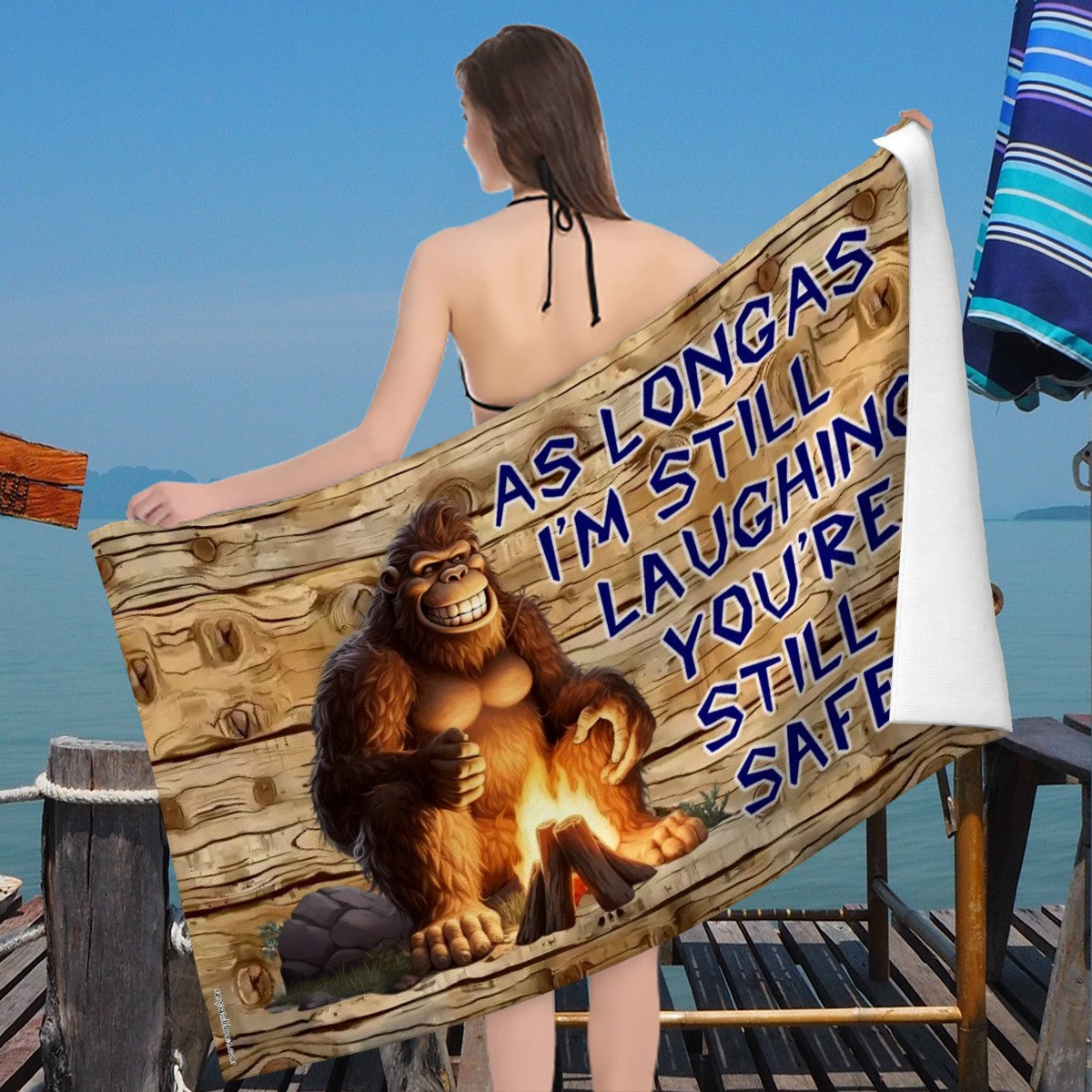 Bigfoot, Sasquatch, "As Long as I'm Laughing",  63” x 31.5” Microfiber Bath Sheet / Beach Towel