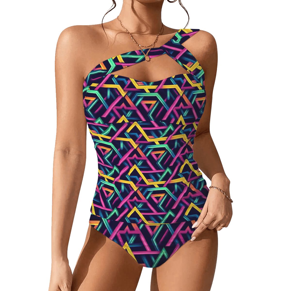 Psychedelic Line Design, Women One Shoulder Tankini, Two Piece