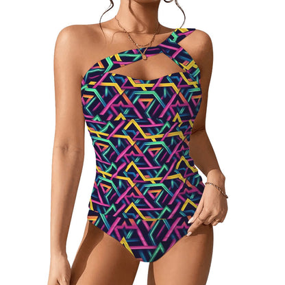 Psychedelic Line Design, Women One Shoulder Tankini, Two Piece
