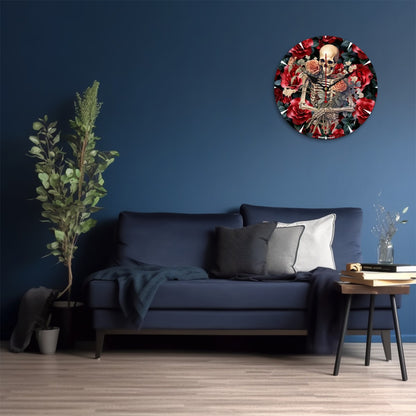 Skeleton & Roses, Wooden Wall Clock