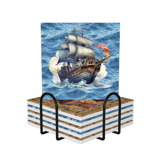Pirate Themed, 6 Ceramic Coasters w metal stand