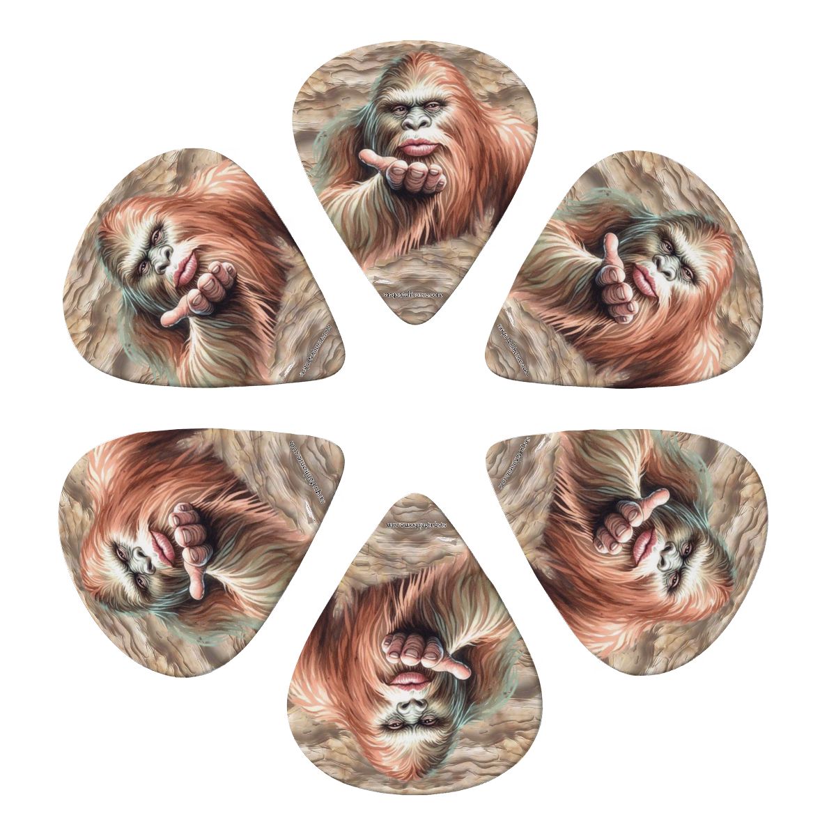 6 Guitar Picks with Keychain Snap Pick Wallet- Bigfoot, Sasquatch Blow Kiss  – 3 Thicknesses