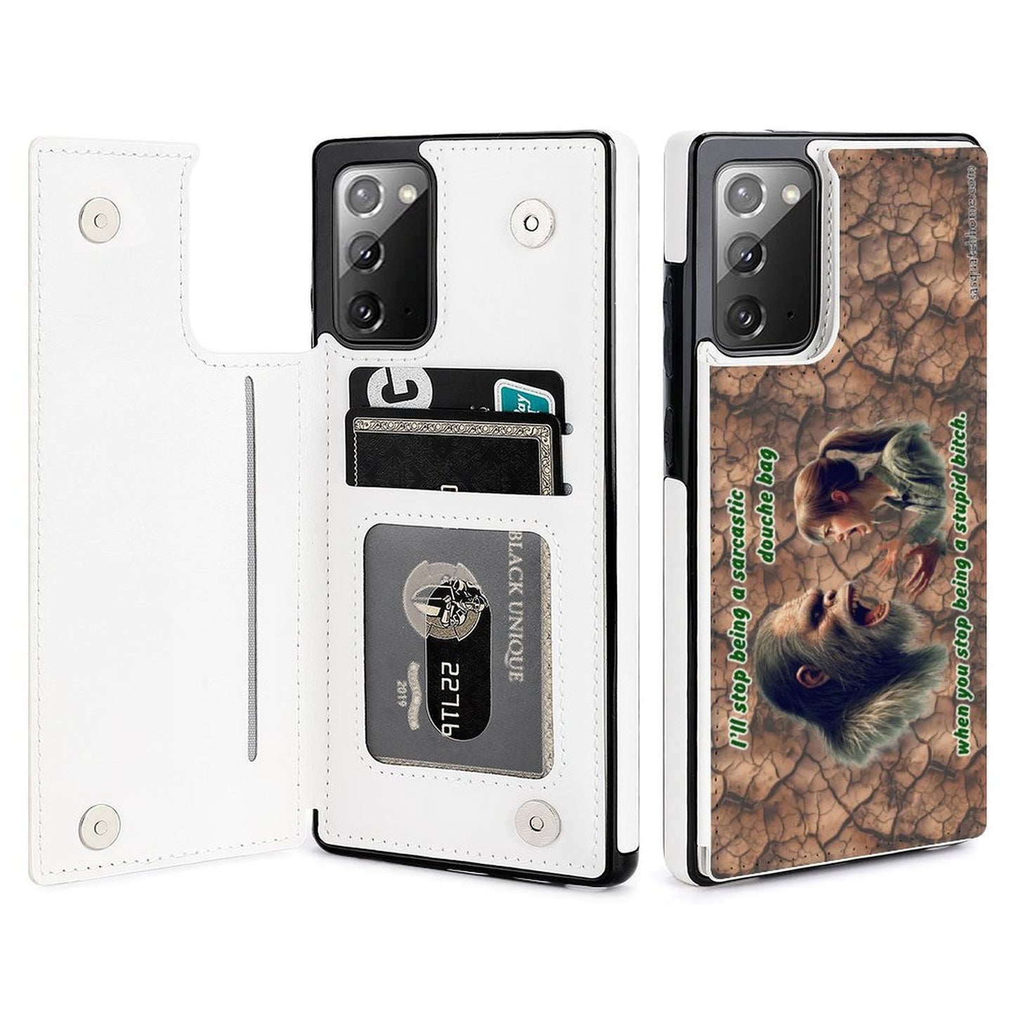 "I'll stop being a douche bag...." Bigfoot, Sasquatch, Samsung Note20 Flip Phone Case, Wallet