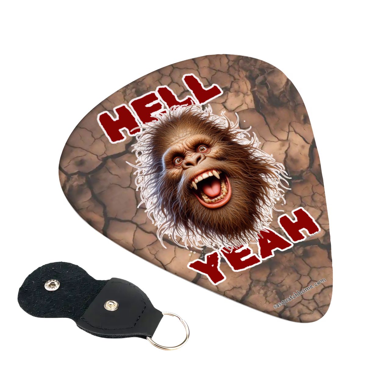 6 Guitar Picks with Keychain Snap Pick Wallet- Bigfoot Sasquatch "Hell Yeah"  – 3 Thicknesses