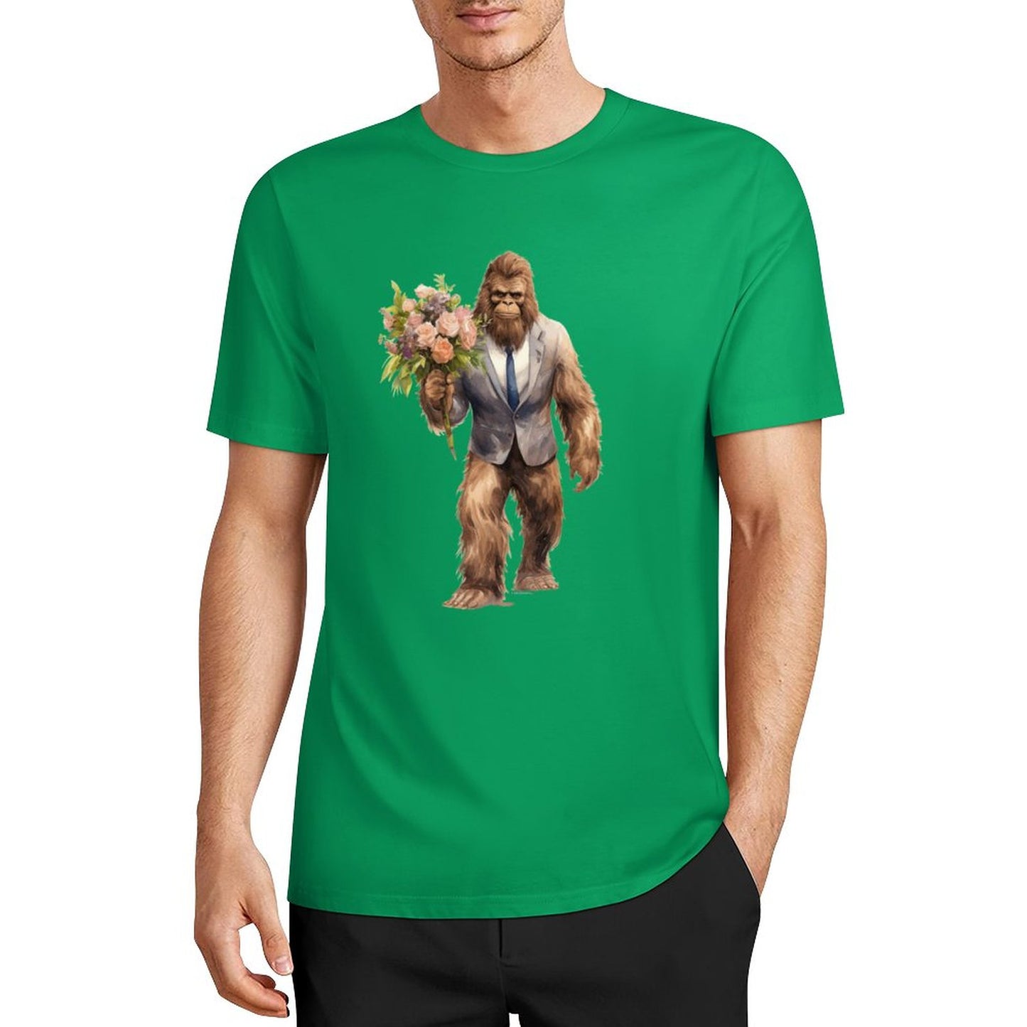Bigfoot - Sasquatch w Flowers Short Sleeve Cotton T-Shirt