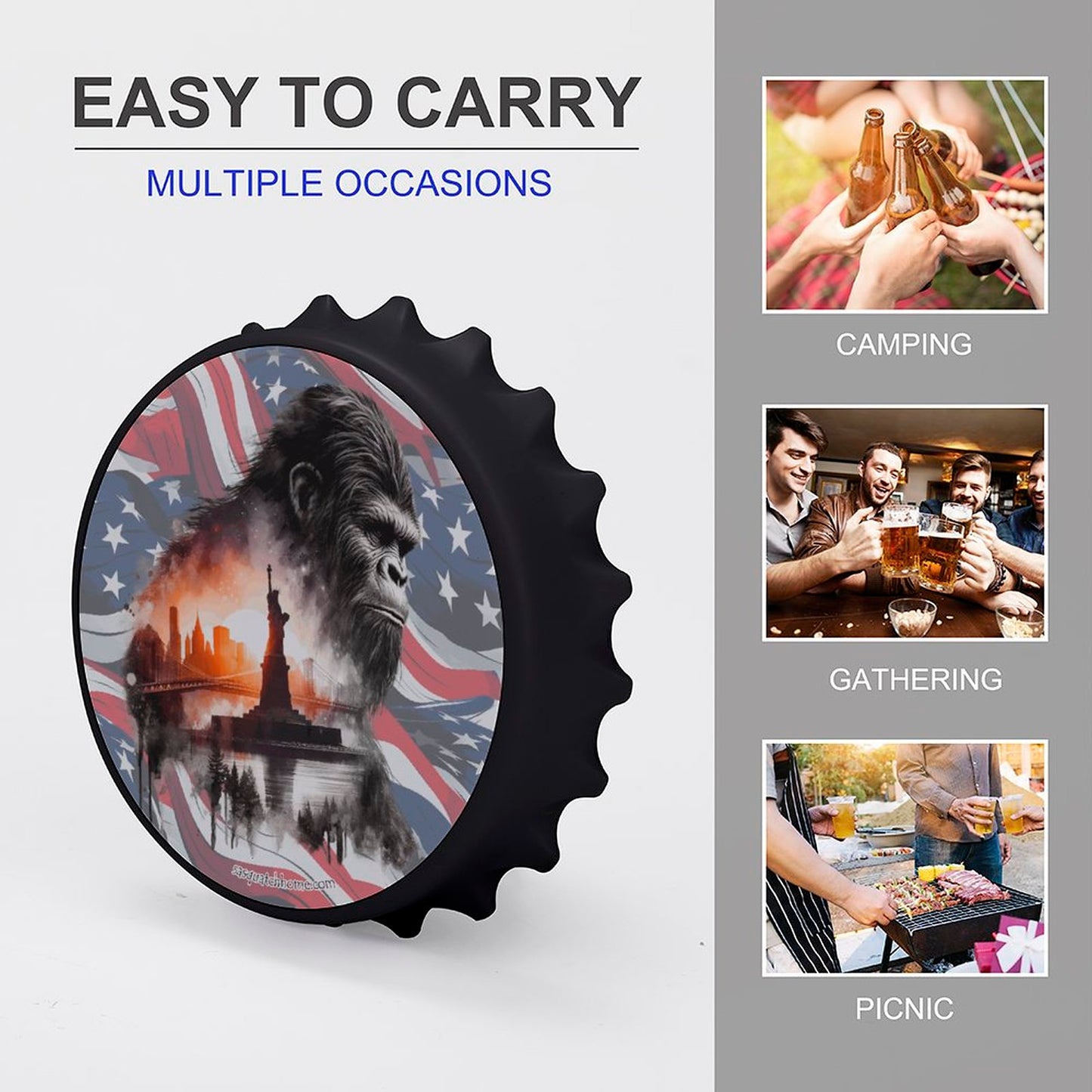 Patriot Bigfoot Sasquatch, 3” Magnetic Can Opener / Coaster / Fridge Decor