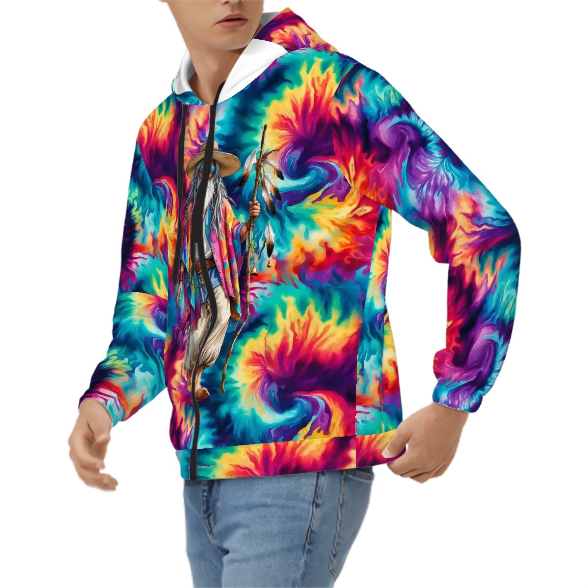 Hippie Man on Tie Dye, Adult Zip Up Hoodie