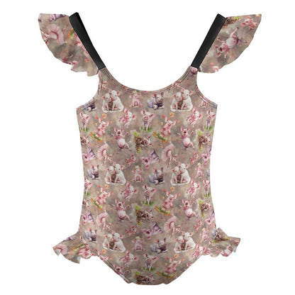10 Animal Designs, Girls One-Piece Summer Swimsuit, Ruffle Shoulder