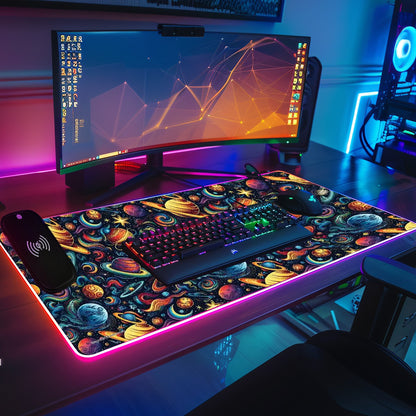 12 Galaxy Space Designs, Wireless Charging Gaming Mouse Pads / Mat With Lights - 2 Sizes