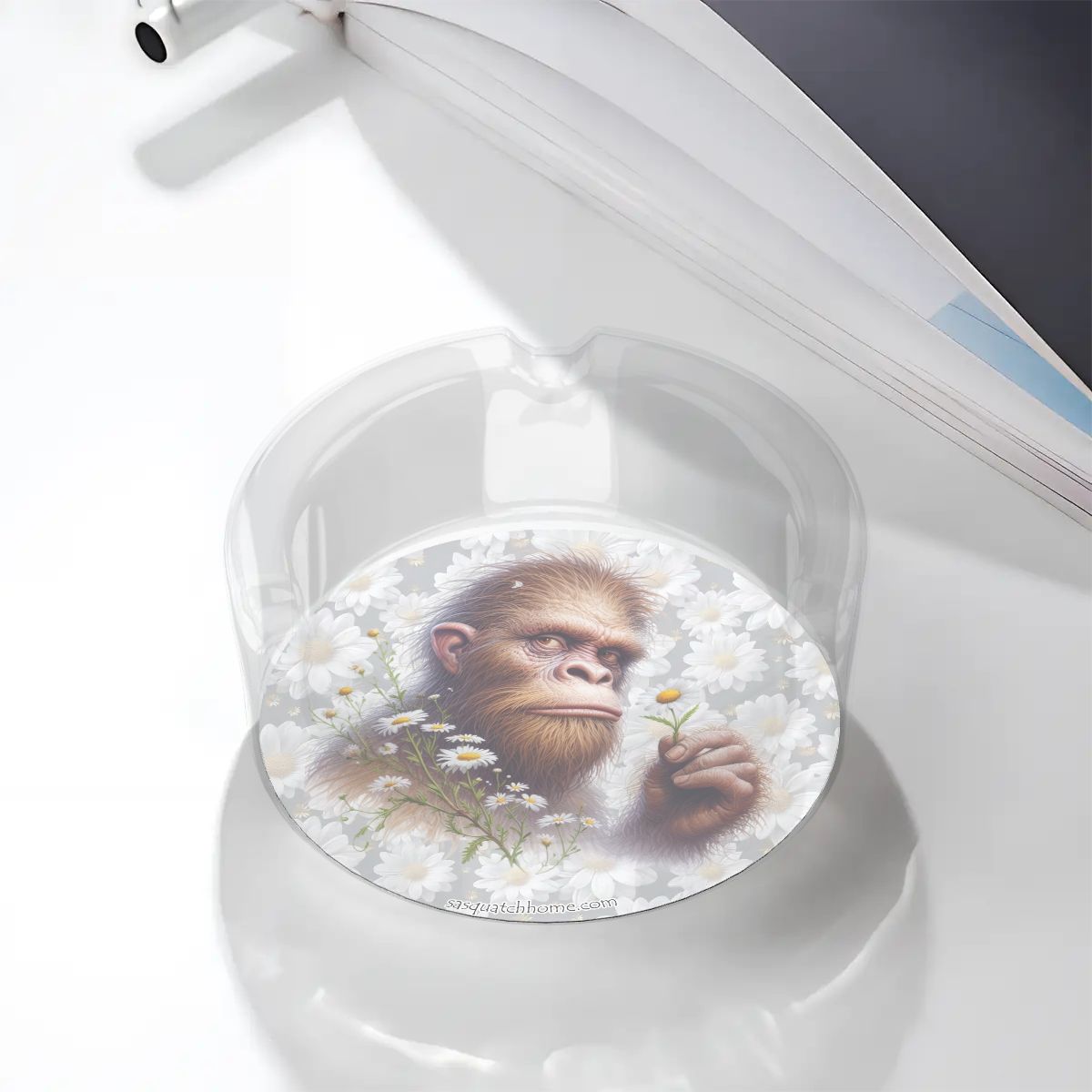 3 .3" Round, Lead Free Glass Ashtray - Sasquatch, Bigfoot, Daisies